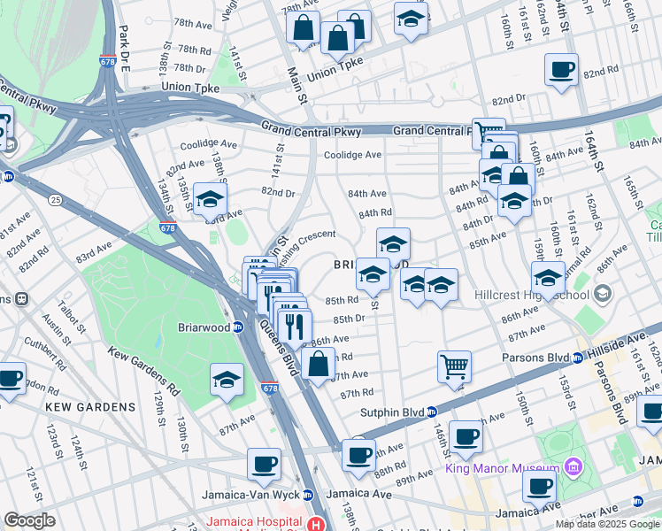 map of restaurants, bars, coffee shops, grocery stores, and more near 140-97 Burden Crescent in Queens