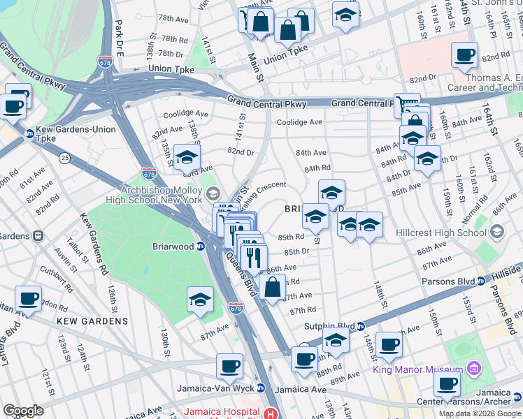 map of restaurants, bars, coffee shops, grocery stores, and more near 140-69 Burden Crescent in Queens