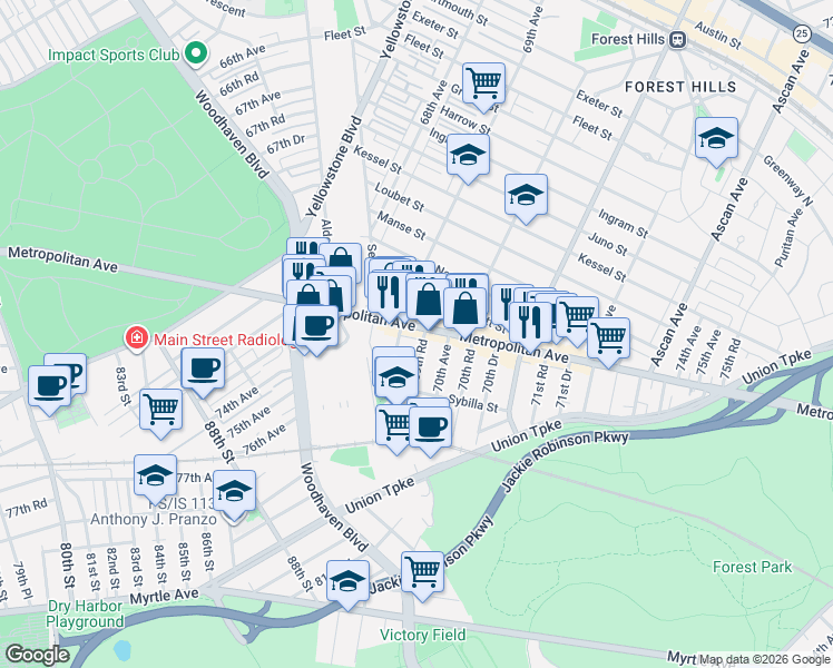map of restaurants, bars, coffee shops, grocery stores, and more near 8807 69th Avenue in Queens