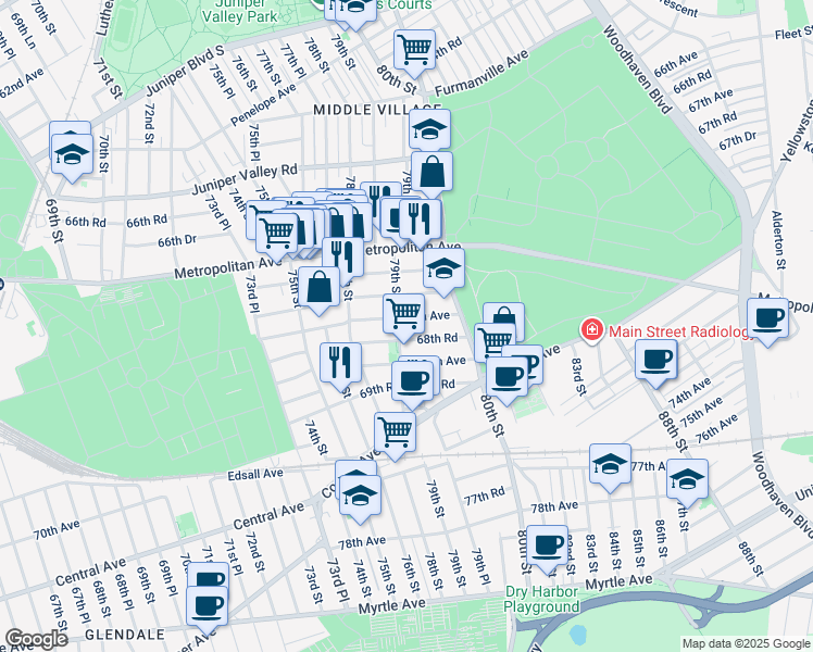 map of restaurants, bars, coffee shops, grocery stores, and more near 67-56 79th Street in Queens