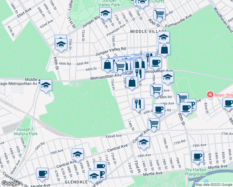 map of restaurants, bars, coffee shops, grocery stores, and more near 73-21 67th Drive in Queens