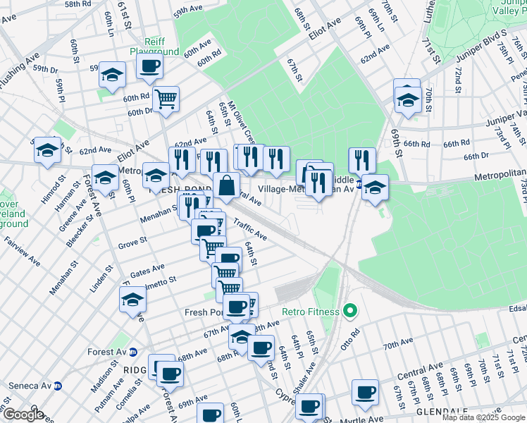 map of restaurants, bars, coffee shops, grocery stores, and more near 64-34 65th Lane in Queens