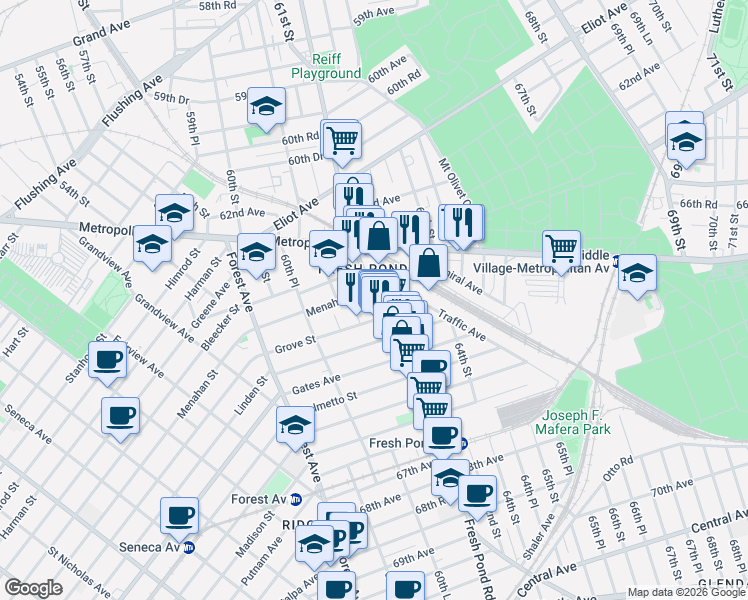 map of restaurants, bars, coffee shops, grocery stores, and more near 63-35 Fresh Pond Road in Queens