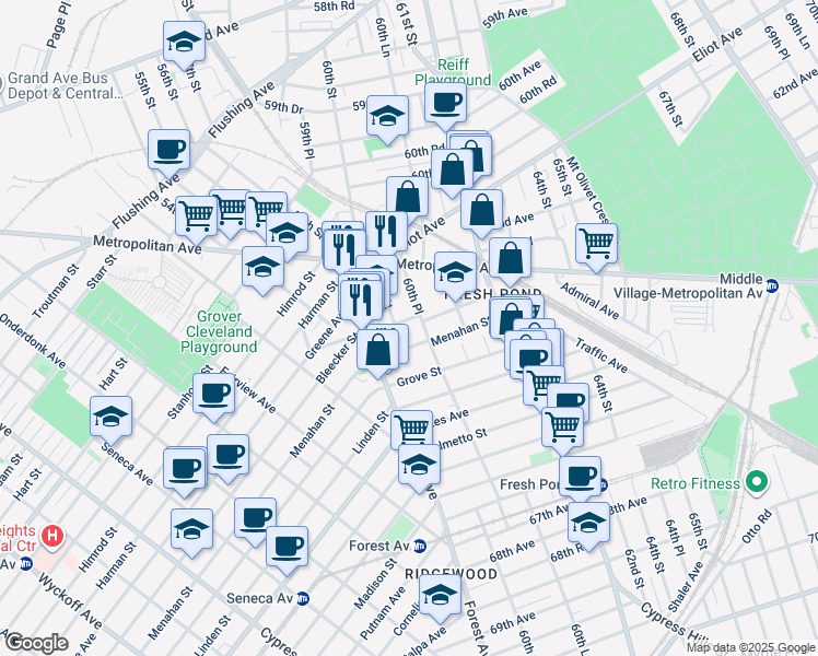 map of restaurants, bars, coffee shops, grocery stores, and more near 62-78 60th Place in Queens
