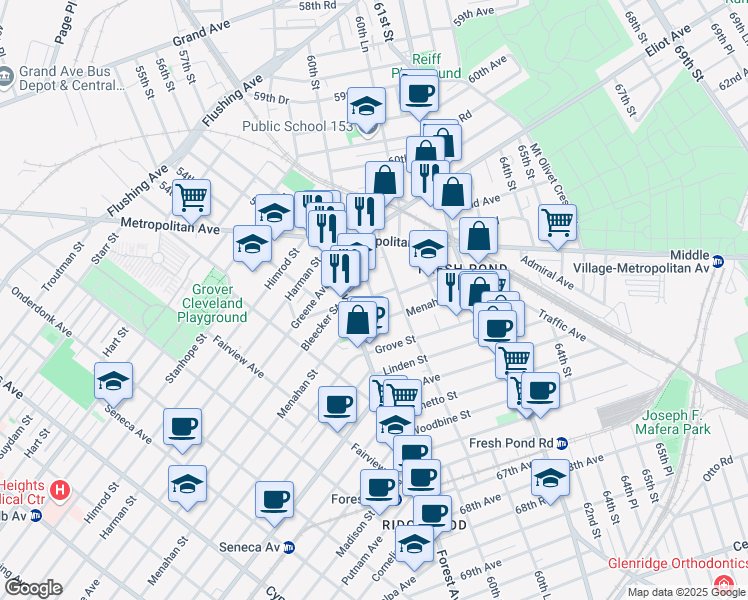 map of restaurants, bars, coffee shops, grocery stores, and more near 62-78 60th Place in Queens