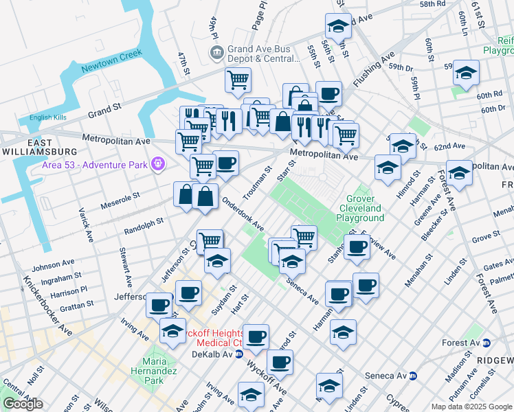 map of restaurants, bars, coffee shops, grocery stores, and more near 715 Woodward Avenue in Queens