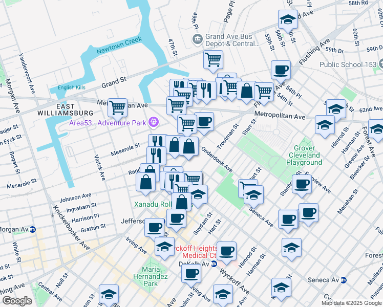 map of restaurants, bars, coffee shops, grocery stores, and more near 1827 Flushing Avenue in Queens