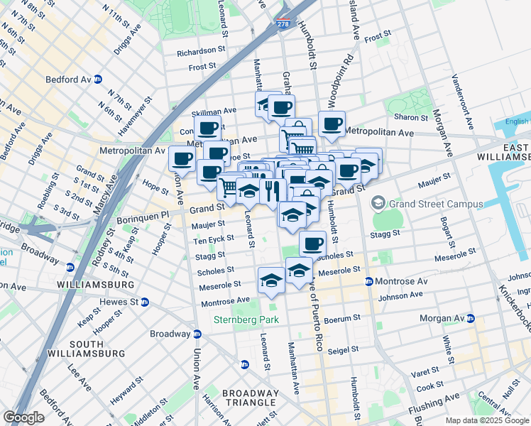 map of restaurants, bars, coffee shops, grocery stores, and more near 672 Grand Street in Brooklyn