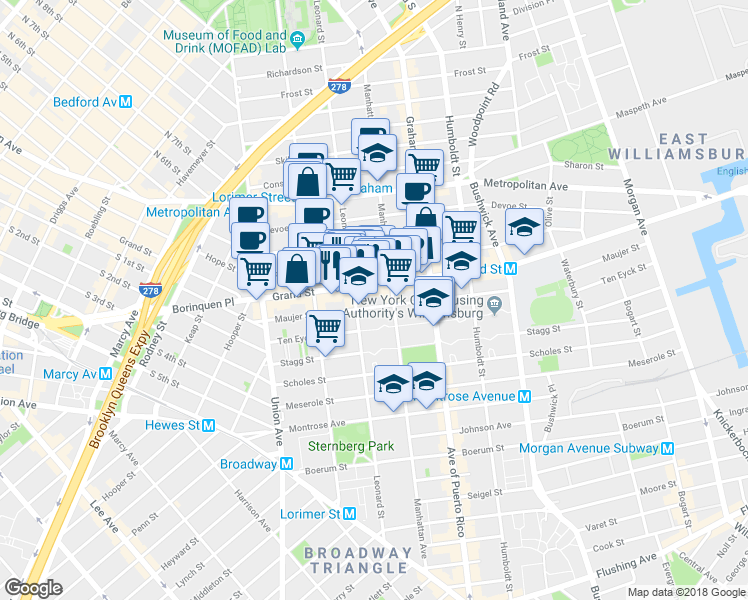 map of restaurants, bars, coffee shops, grocery stores, and more near 614 Grand Street in Brooklyn