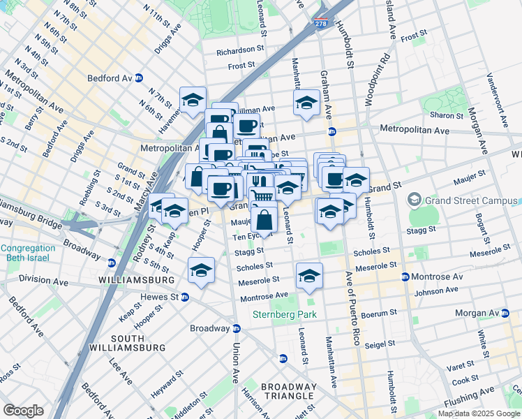 map of restaurants, bars, coffee shops, grocery stores, and more near 559 Grand Street in Brooklyn