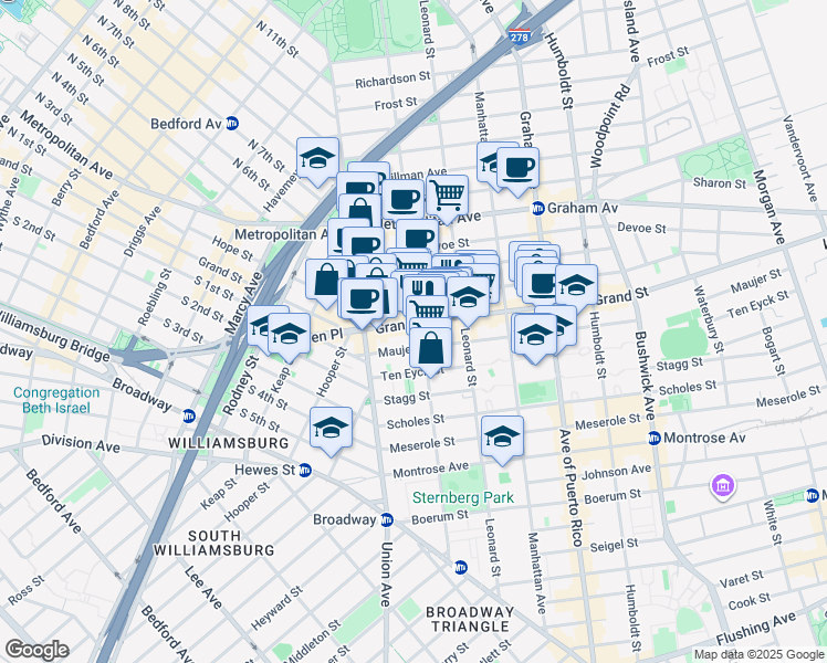 map of restaurants, bars, coffee shops, grocery stores, and more near 559 Grand Street in Brooklyn