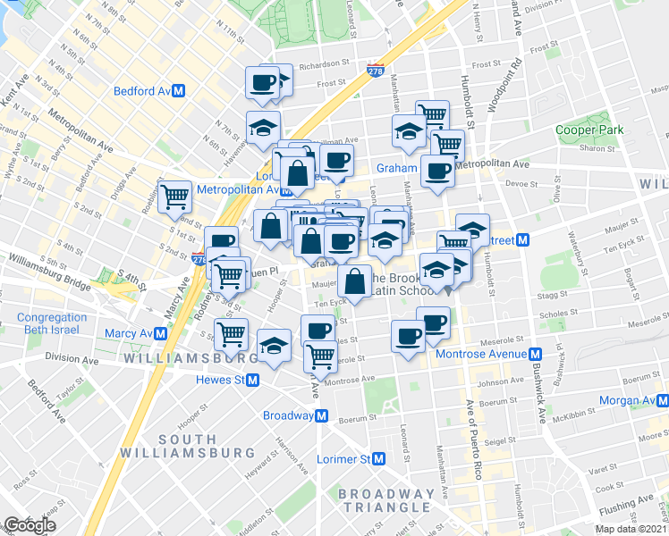 map of restaurants, bars, coffee shops, grocery stores, and more near 30 Powers Street in Brooklyn