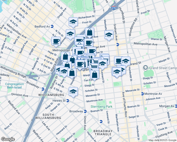 map of restaurants, bars, coffee shops, grocery stores, and more near 30 Powers Street in Brooklyn