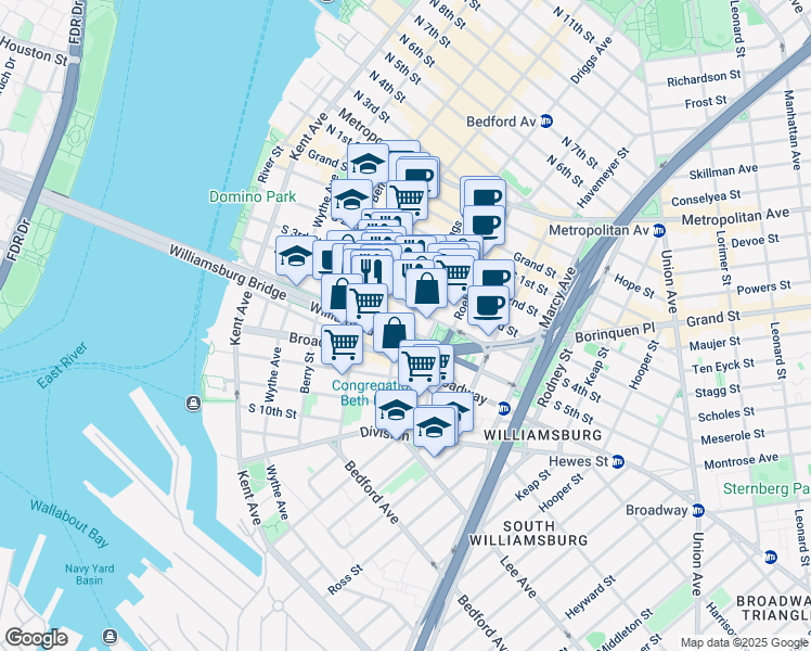 map of restaurants, bars, coffee shops, grocery stores, and more near 152 South 4th Street in Brooklyn
