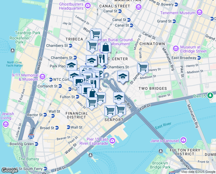 map of restaurants, bars, coffee shops, grocery stores, and more near in New York