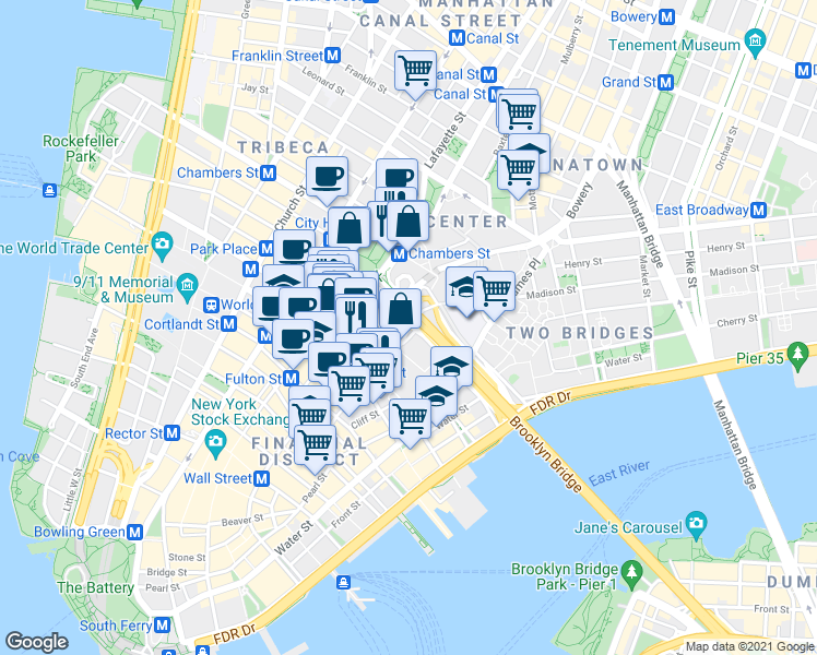 map of restaurants, bars, coffee shops, grocery stores, and more near in New York