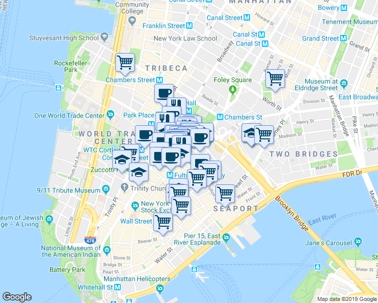 map of restaurants, bars, coffee shops, grocery stores, and more near 1 Beekman Street in New York