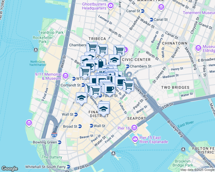 map of restaurants, bars, coffee shops, grocery stores, and more near 1 Beekman Street in New York