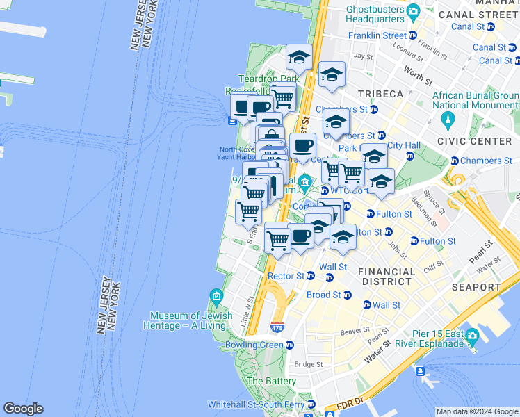 map of restaurants, bars, coffee shops, grocery stores, and more near in New York