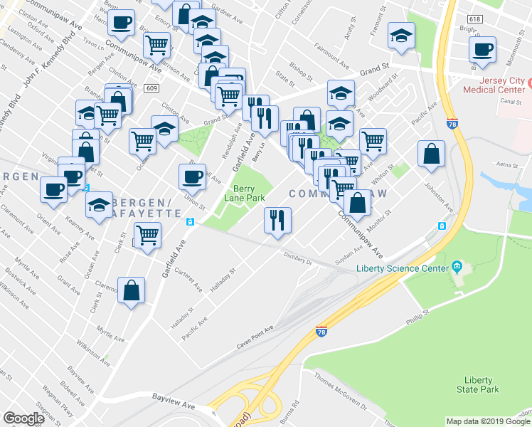 map of restaurants, bars, coffee shops, grocery stores, and more near 379 Bramhall Avenue in Jersey City