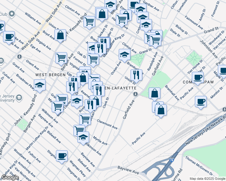 map of restaurants, bars, coffee shops, grocery stores, and more near in Jersey City
