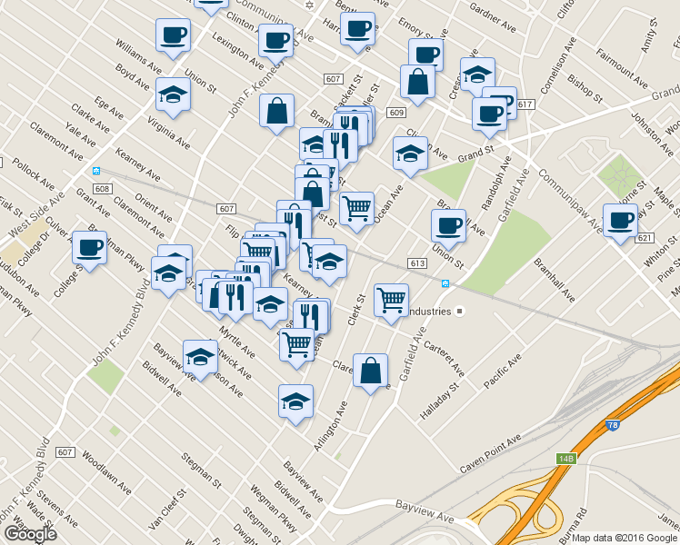 map of restaurants, bars, coffee shops, grocery stores, and more near 735 Ocean Avenue in Jersey City