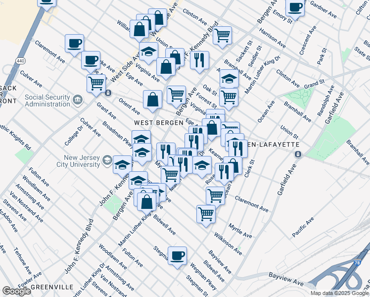 map of restaurants, bars, coffee shops, grocery stores, and more near 104 Orient Avenue in Jersey City