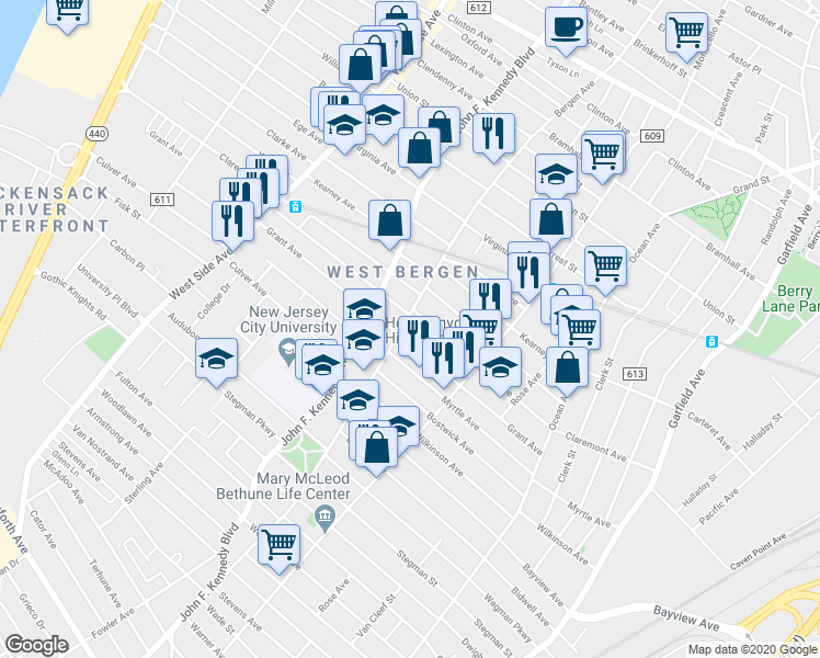 map of restaurants, bars, coffee shops, grocery stores, and more near 239 Claremont Avenue in Jersey City