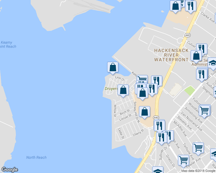 map of restaurants, bars, coffee shops, grocery stores, and more near Tottenham Court in Jersey City