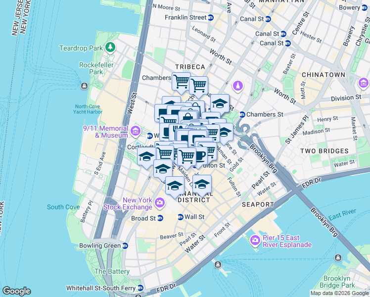 map of restaurants, bars, coffee shops, grocery stores, and more near 210 Broadway in New York