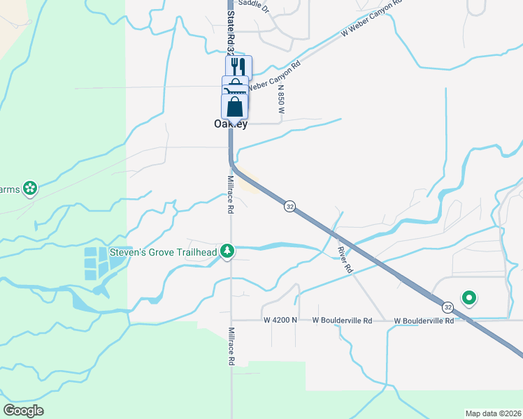 map of restaurants, bars, coffee shops, grocery stores, and more near 4627 Utah 32 in Oakley