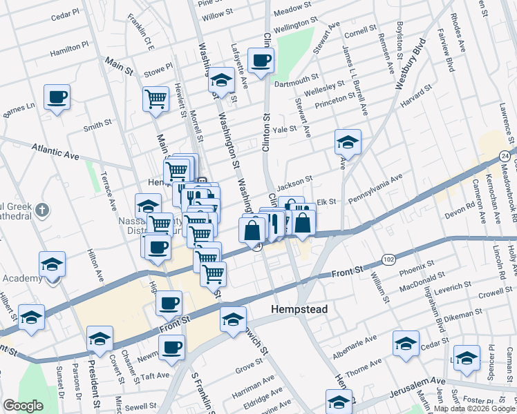 map of restaurants, bars, coffee shops, grocery stores, and more near 150 Washington Street in Hempstead