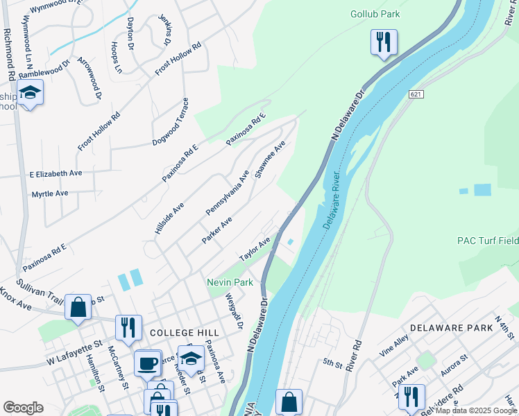 map of restaurants, bars, coffee shops, grocery stores, and more near 150 East Wayne Avenue in Easton