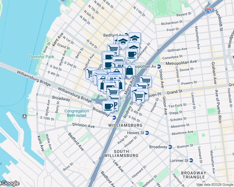 map of restaurants, bars, coffee shops, grocery stores, and more near 153 Havemeyer Street in Brooklyn