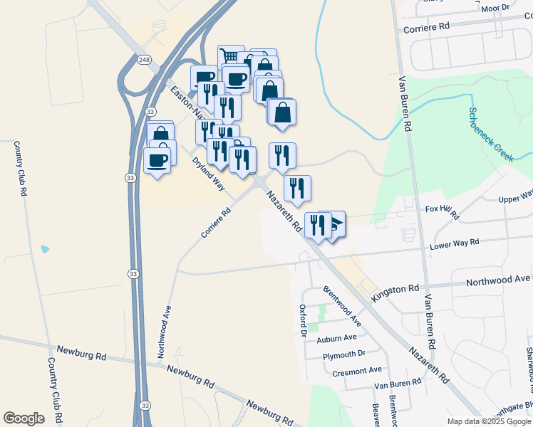 map of restaurants, bars, coffee shops, grocery stores, and more near 3735 Nazareth Road in Easton