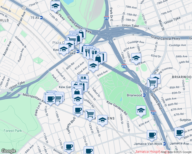 map of restaurants, bars, coffee shops, grocery stores, and more near Kew Gardens Rd & 83rd Ave in Queens