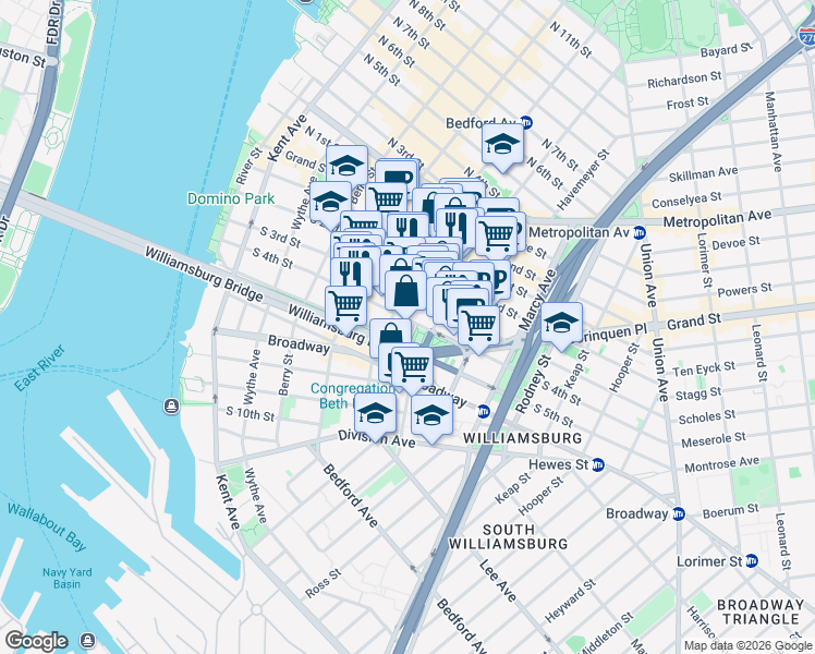 map of restaurants, bars, coffee shops, grocery stores, and more near 180 South 4th Street in Brooklyn