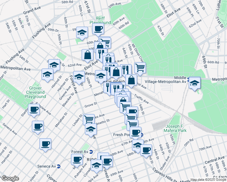 map of restaurants, bars, coffee shops, grocery stores, and more near 63-10 Fresh Pond Road in Queens