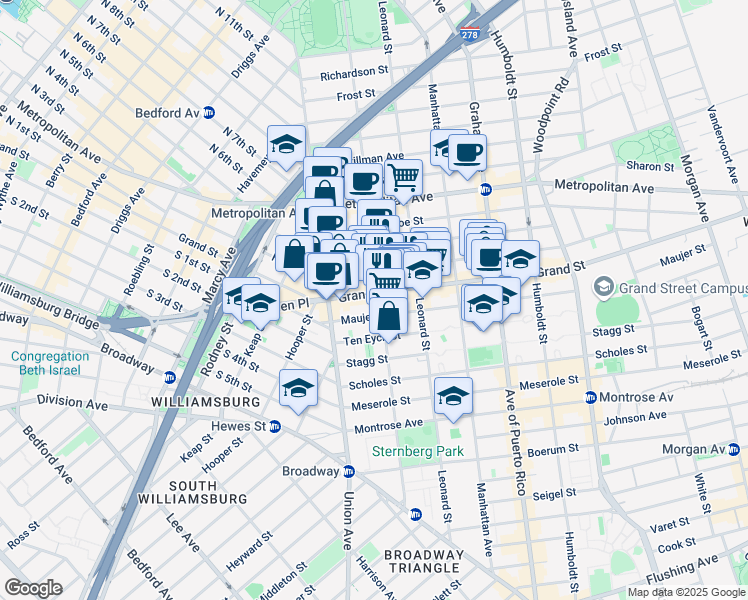 map of restaurants, bars, coffee shops, grocery stores, and more near 559 Grand Street in Brooklyn