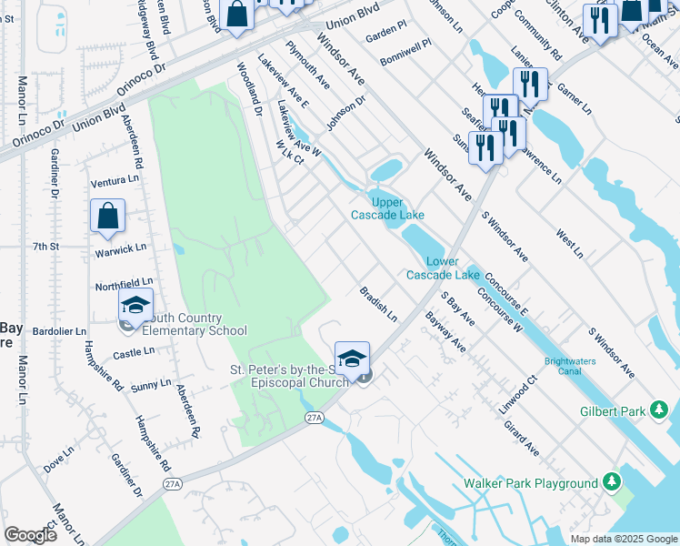 map of restaurants, bars, coffee shops, grocery stores, and more near 2 Fairway Court in Bay Shore