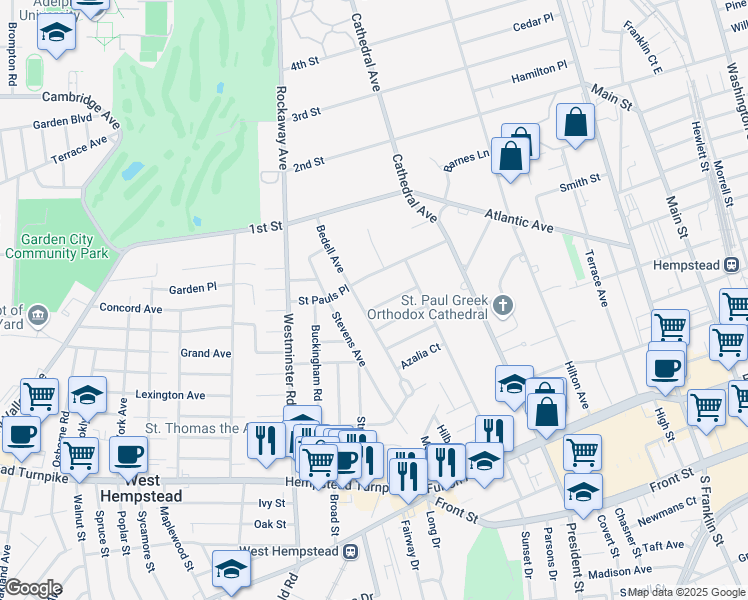 map of restaurants, bars, coffee shops, grocery stores, and more near 62 Saint Pauls Place in Hempstead