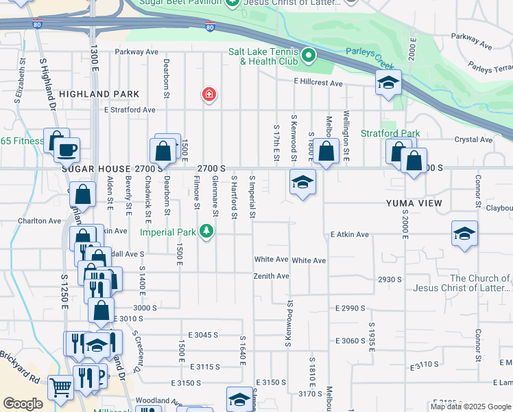map of restaurants, bars, coffee shops, grocery stores, and more near 2748 Grandview Circle in Salt Lake City
