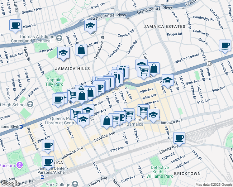 map of restaurants, bars, coffee shops, grocery stores, and more near 87-87 171st Street in Queens