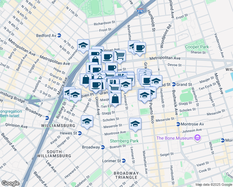 map of restaurants, bars, coffee shops, grocery stores, and more near 559 Grand Street in Brooklyn
