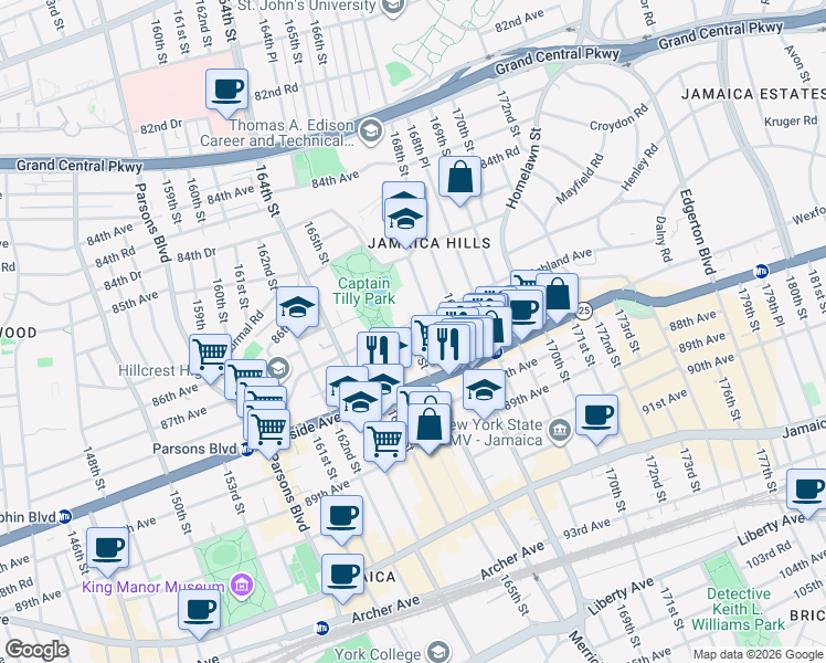 map of restaurants, bars, coffee shops, grocery stores, and more near 166-05 Highland Avenue in Queens