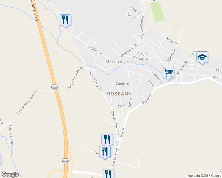 map of restaurants, bars, coffee shops, grocery stores, and more near 33 Cindy Drive in Milroy