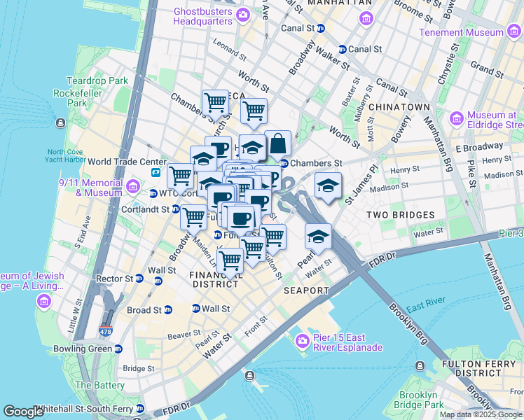 map of restaurants, bars, coffee shops, grocery stores, and more near 28 Spruce Street in New York