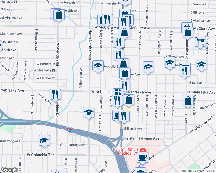 map of restaurants, bars, coffee shops, grocery stores, and more near 1922 North Bigelow Street in Peoria