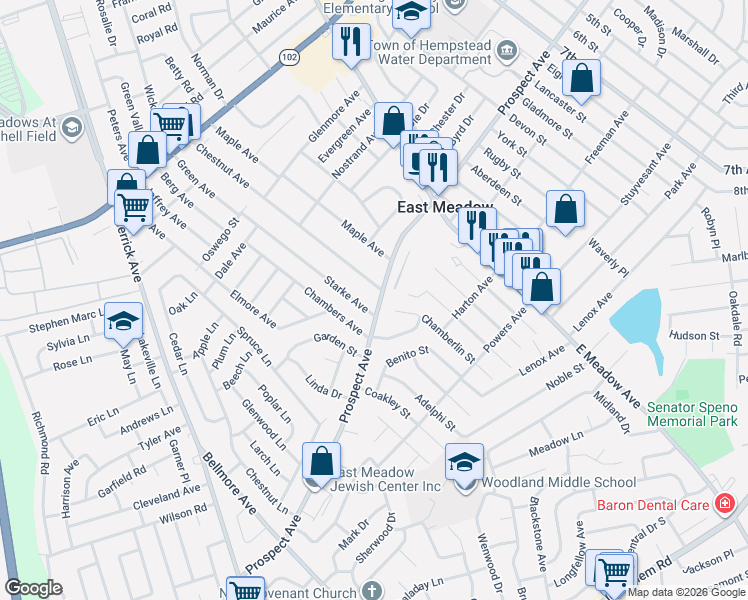 map of restaurants, bars, coffee shops, grocery stores, and more near 1661 Prospect Avenue in East Meadow