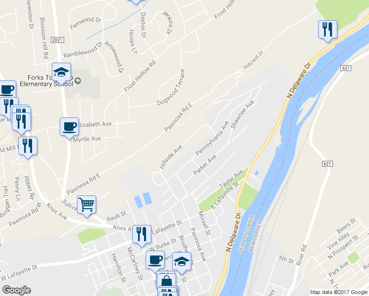 map of restaurants, bars, coffee shops, grocery stores, and more near 1020 Hillside Avenue in Easton